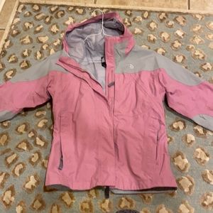 pink and grey northface rain jacket